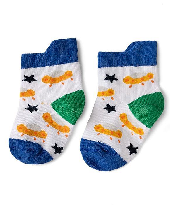 Cute Walk by Babyhug Cotton Knit Anti-bacterial Anti-skid Ankle Length Striped Socks With Animal & Star Design Pack of 3 - Red, Yellow & White