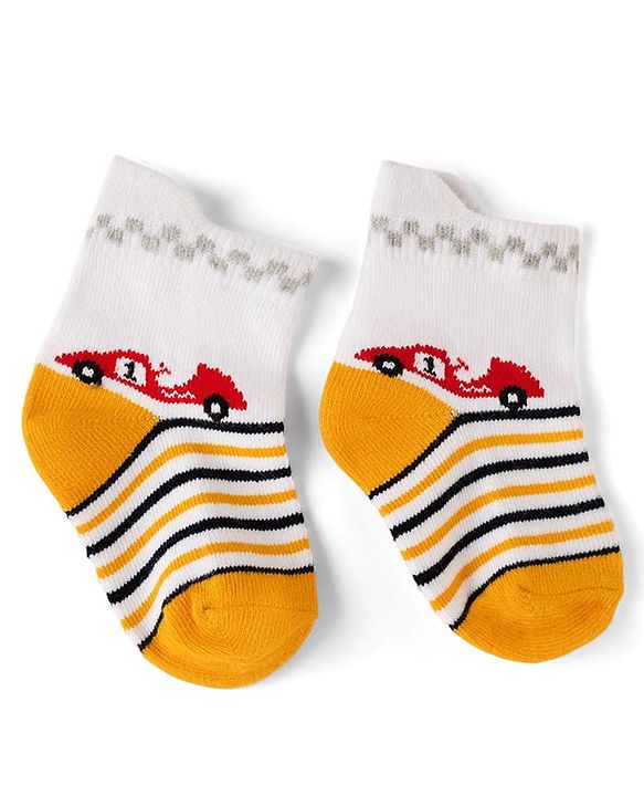 Cute Walk by Babyhug Cotton Knit Anti-bacterial Anti-skid Ankle Length Striped Socks With Animal & Star Design Pack of 3 - Red, Yellow & White