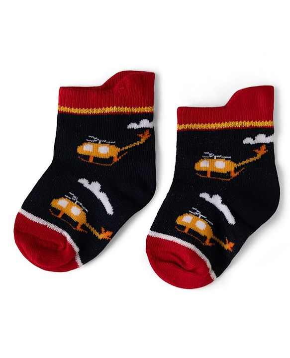 Cute Walk by Babyhug Cotton Knit Anti-bacterial Anti-skid Ankle Length Striped Socks With Animal & Star Design Pack of 3 - Red, Yellow & White