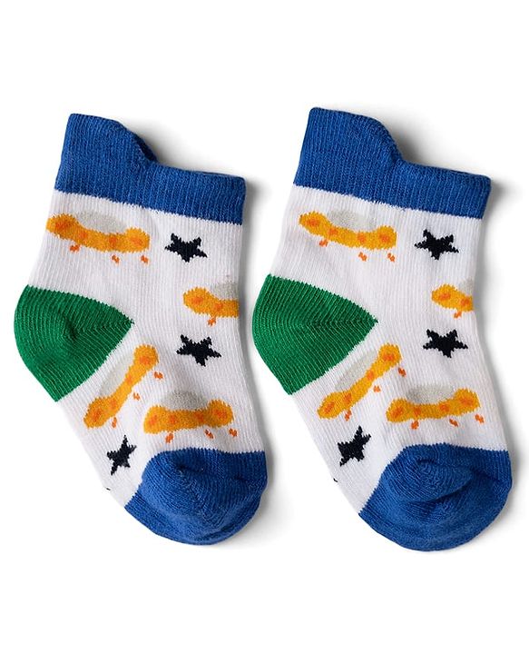Cute Walk by Babyhug Cotton Knit Anti-bacterial Anti-skid Ankle Length Striped Socks With Animal & Star Design Pack of 3 - Red, Yellow & White