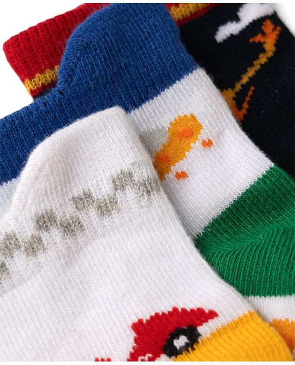 Cute Walk by Babyhug Cotton Knit Anti-bacterial Anti-skid Ankle Length Striped Socks With Animal & Star Design Pack of 3 - Red, Yellow & White