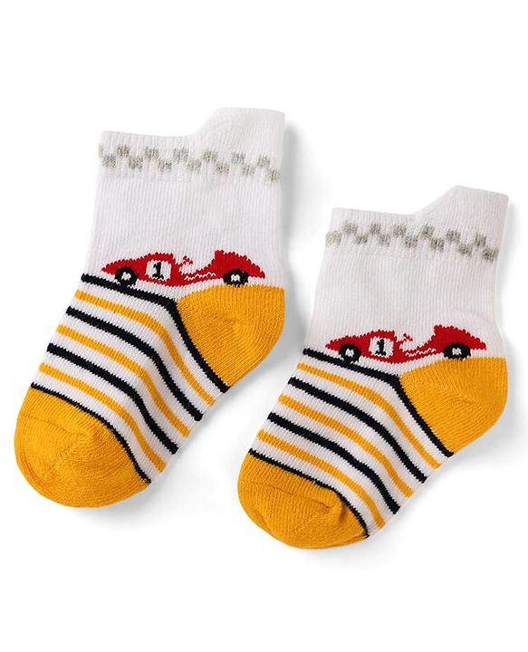 Cute Walk by Babyhug Cotton Knit Anti-bacterial Anti-skid Ankle Length Striped Socks With Animal & Star Design Pack of 3 - Red, Yellow & White