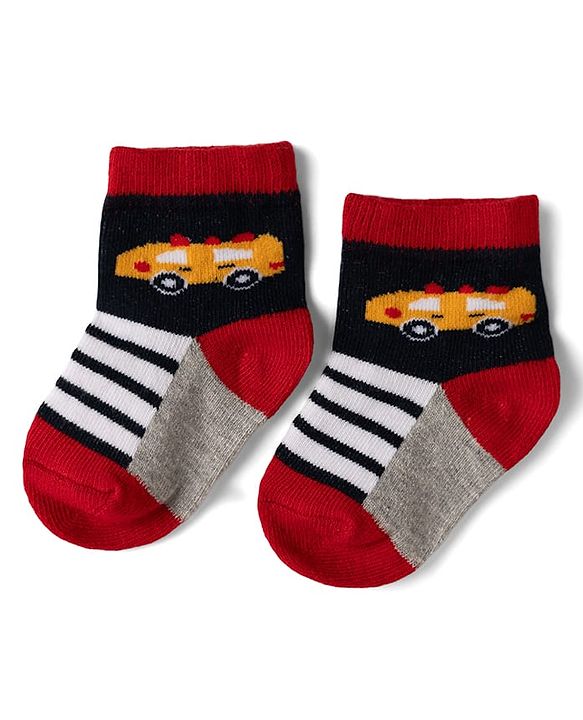 Cute Walk by Babyhug Cotton Knit Anti-bacterial Anti-skid Ankle Length Striped Socks With Animal Design Pack of 3 - Grey, Black & White