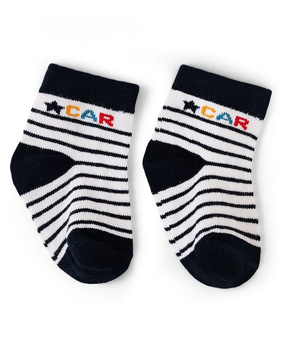 Cute Walk by Babyhug Cotton Knit Anti-bacterial Anti-skid Ankle Length Striped Socks With Animal Design Pack of 3 - Grey, Black & White