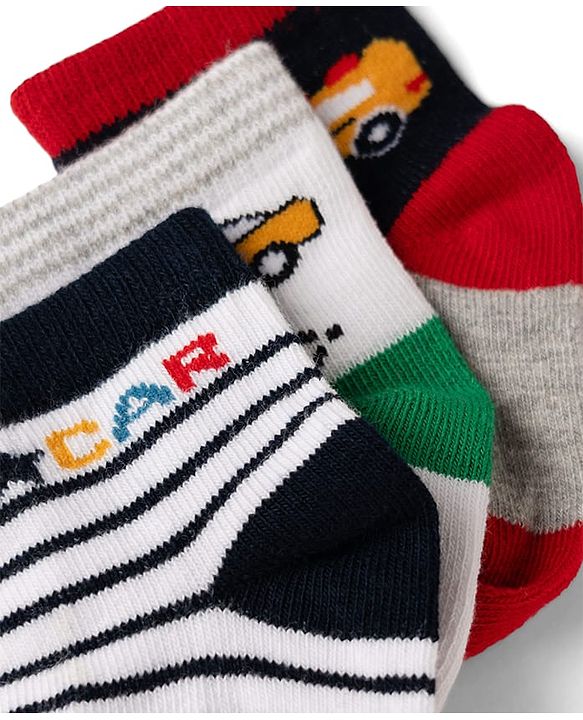 Cute Walk by Babyhug Cotton Knit Anti-bacterial Anti-skid Ankle Length Striped Socks With Animal Design Pack of 3 - Grey, Black & White