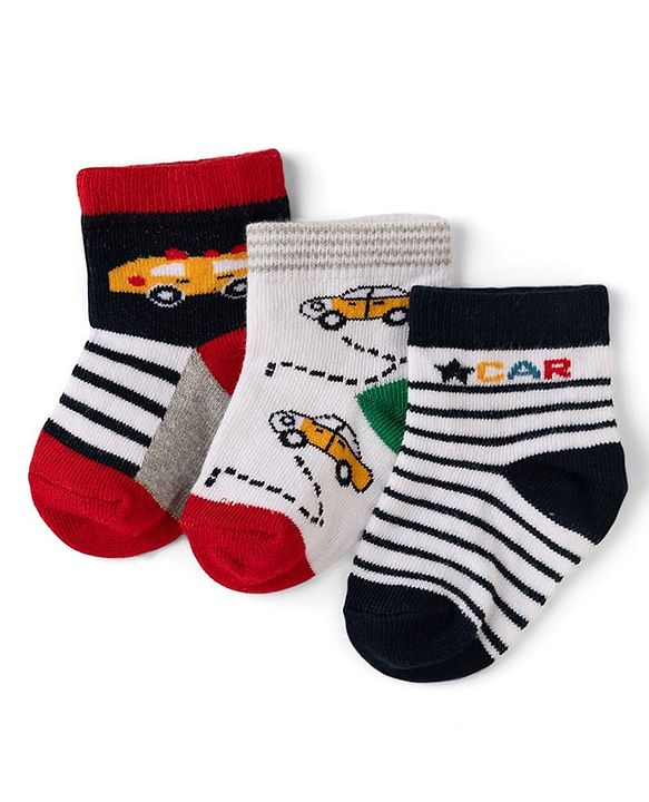 Cute Walk by Babyhug Cotton Knit Anti-bacterial Anti-skid Ankle Length Striped Socks With Animal Design Pack of 3 - Grey, Black & White