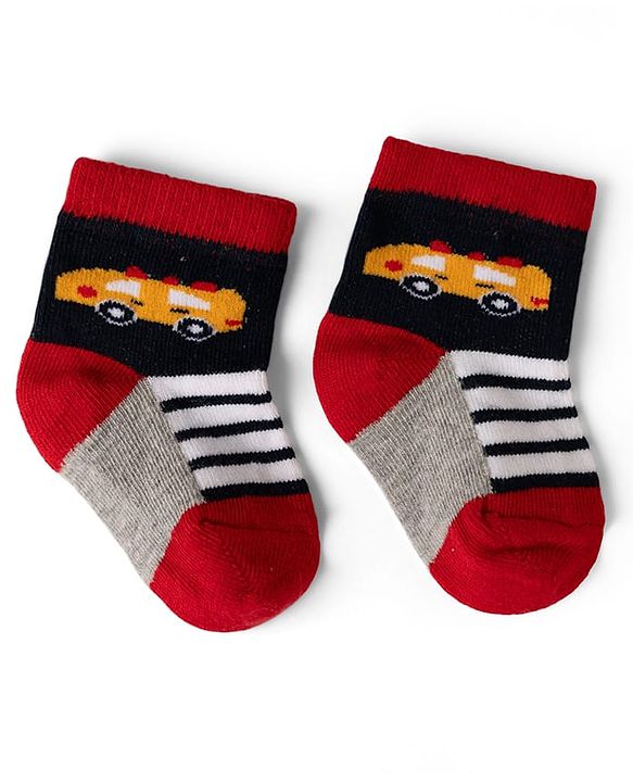 Cute Walk by Babyhug Cotton Knit Anti-bacterial Anti-skid Ankle Length Striped Socks With Animal Design Pack of 3 - Grey, Black & White
