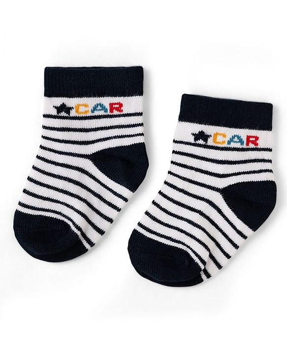 Cute Walk by Babyhug Cotton Knit Anti-bacterial Anti-skid Ankle Length Striped Socks With Animal Design Pack of 3 - Grey, Black & White