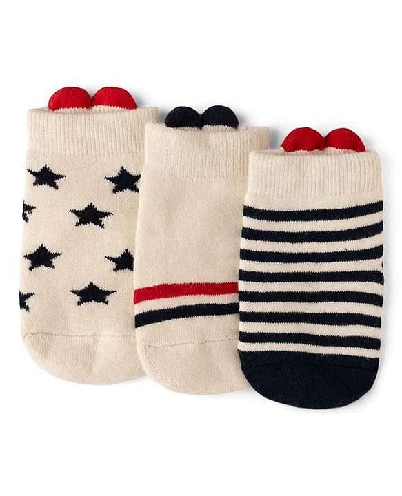 Cute Walk by Babyhug Cotton Knit Anti-bacterial Terry Ankle Length Striped Socks With Star Design Pack of 3 - Beige