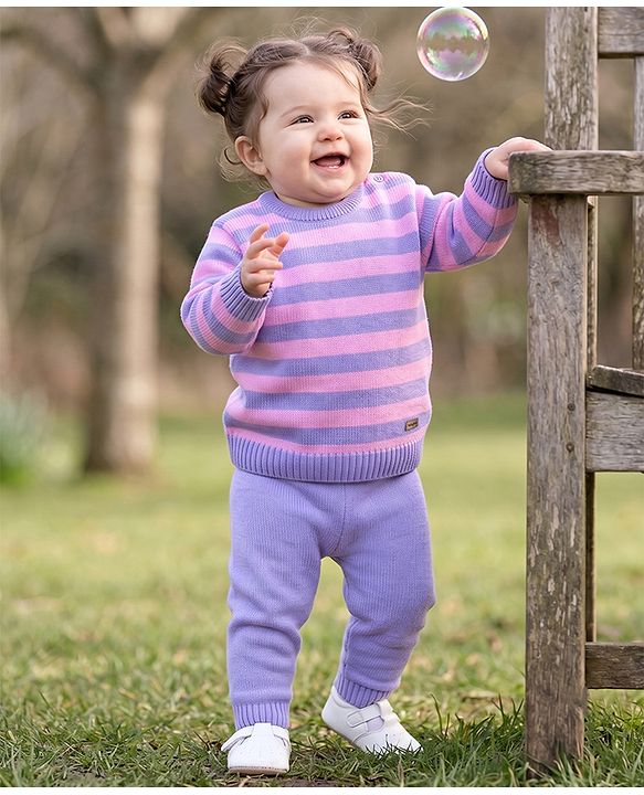 Babyhug Knit Striped Sweater Set - Lavender