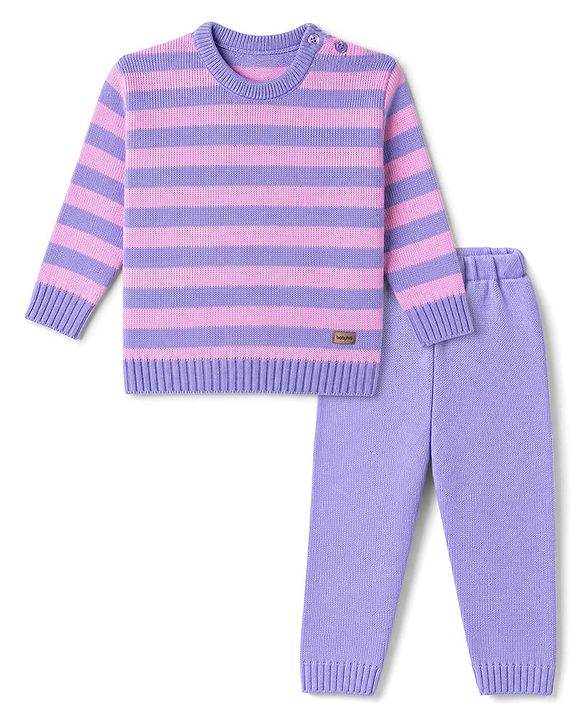 Babyhug Knit Striped Sweater Set - Lavender