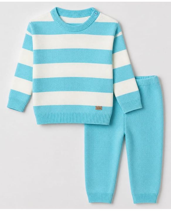Babyhug Knit Full Sleeves Sweater Set With Striped Design - Blue