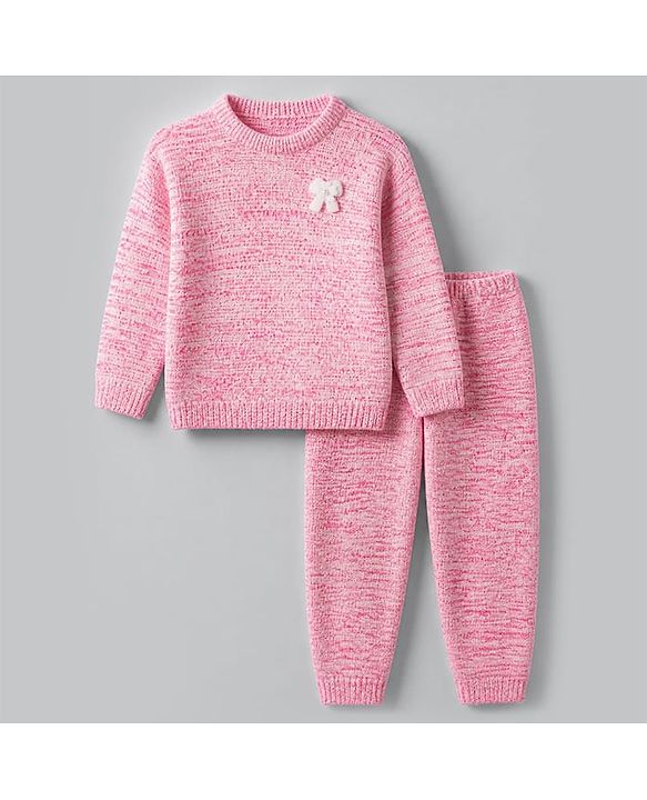 Babyhug Knit Sweater Sets with Full Sleeves and Bow Applique in Coral for 12-18 Months