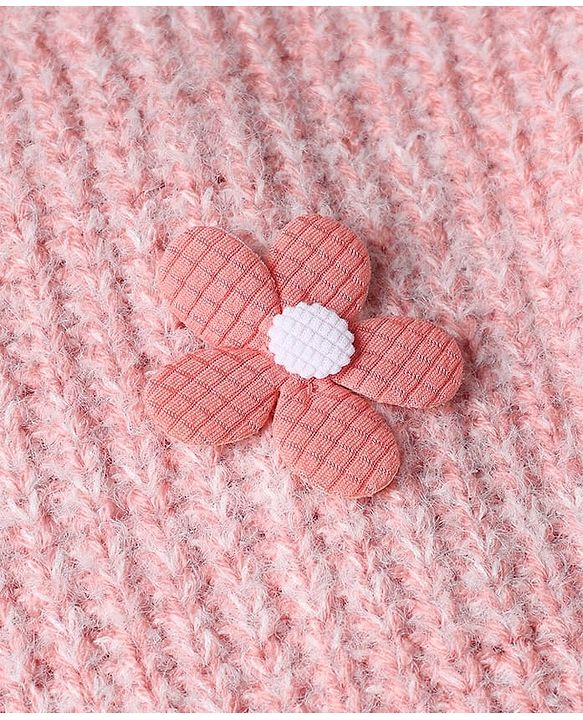 Babyhug Knit Full Sleeves Hooded Solid Sweater Set With Flower Applique - Pink