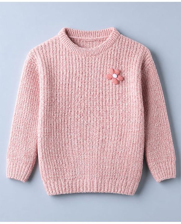 Babyhug Knit Full Sleeves Hooded Solid Sweater Set With Flower Applique - Pink