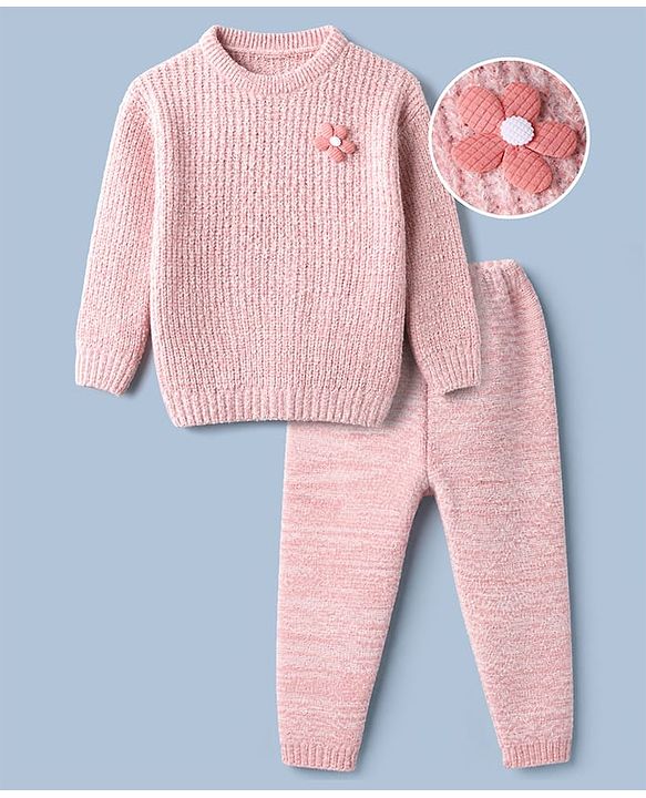 Babyhug Knit Full Sleeves Hooded Solid Sweater Set With Flower Applique - Pink