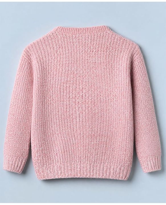Babyhug Knit Full Sleeves Hooded Solid Sweater Set With Flower Applique - Pink
