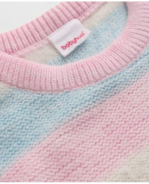 Babyhug Knit Full Sleeves Sweater Set with Stripe Design - Pink