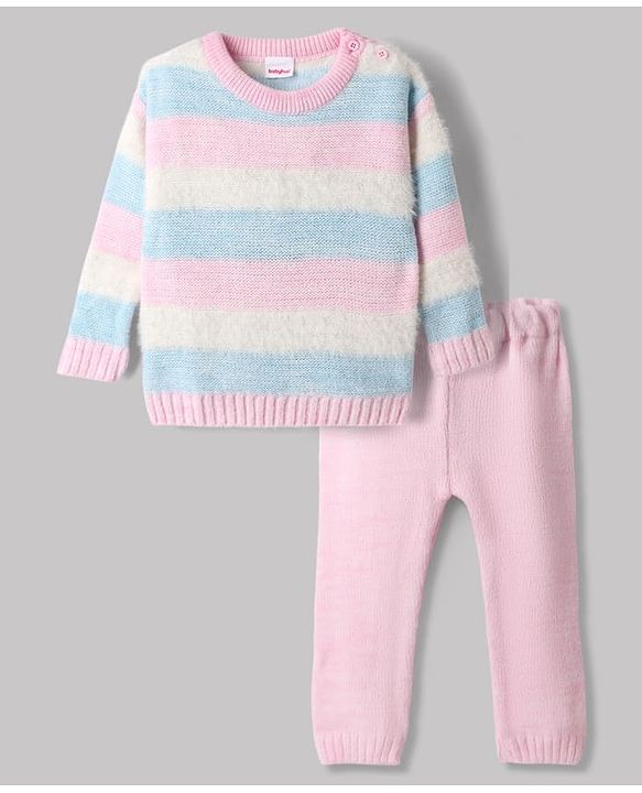 Babyhug Knit Full Sleeves Sweater Set with Stripe Design - Pink