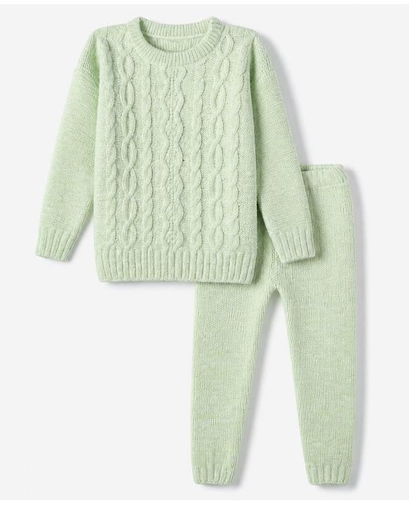 Babyhug Knit Full Sleeves Sweater Set with Cable Knit Design - Light Green