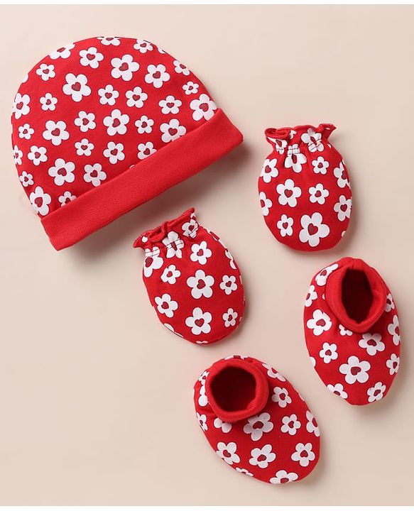 Babyhug 100% Cotton Interlock Knit Cap, Mitten & Booties with Floral Print Read - Diameter 10.5 cm