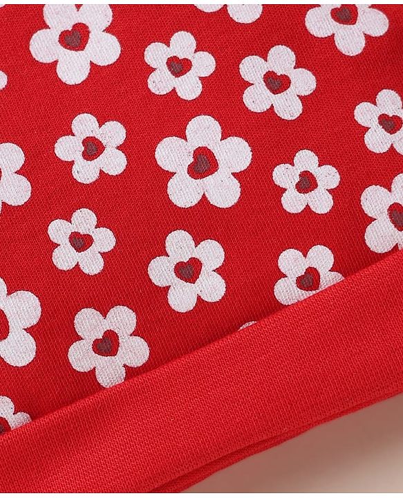 Babyhug 100% Cotton Interlock Knit Cap, Mitten & Booties with Floral Print Read - Diameter 10.5 cm