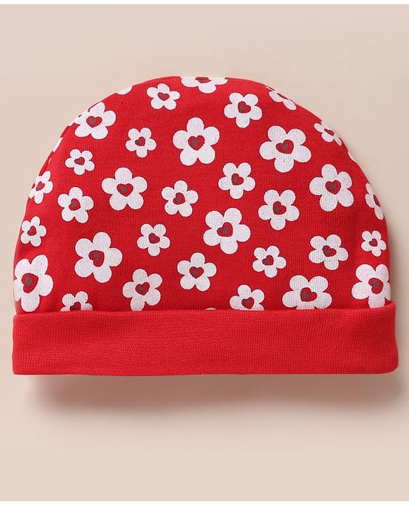 Babyhug 100% Cotton Interlock Knit Cap, Mitten & Booties with Floral Print Read - Diameter 10.5 cm
