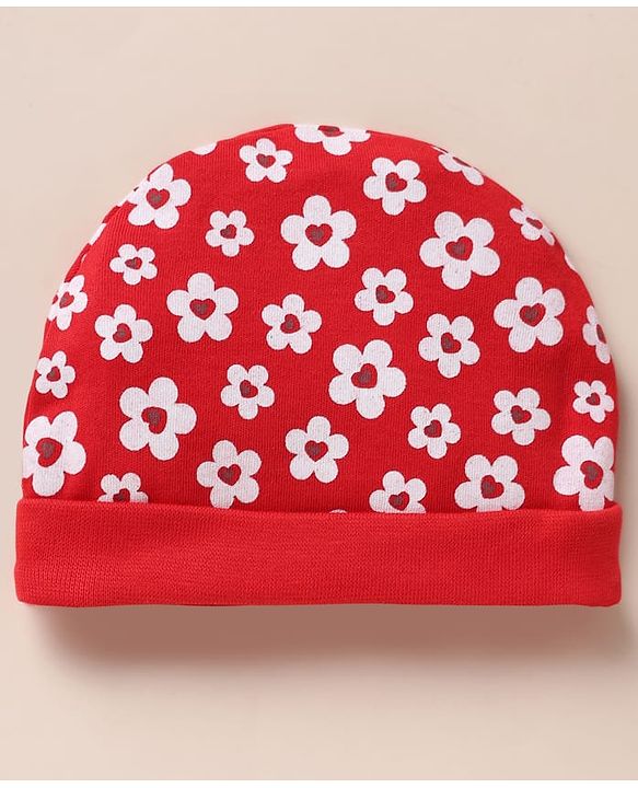 Babyhug 100% Cotton Interlock Knit Cap, Mitten & Booties with Floral Print Read - Diameter 10.5 cm
