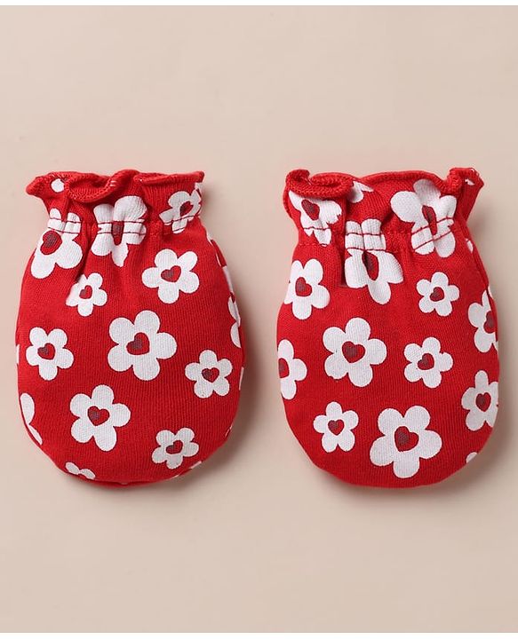 Babyhug 100% Cotton Interlock Knit Cap, Mitten & Booties with Floral Print Read - Diameter 10.5 cm