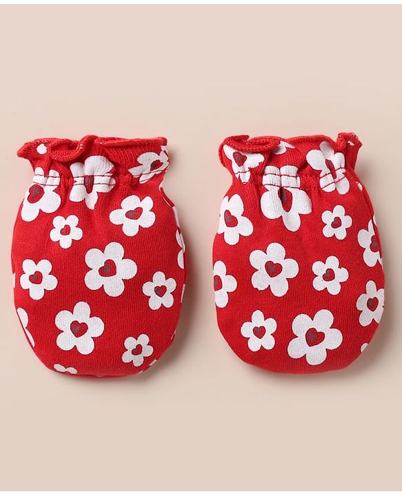 Babyhug 100% Cotton Interlock Knit Cap, Mitten & Booties with Floral Print Read - Diameter 10.5 cm