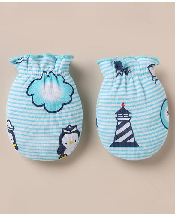 Babyhug 100% Cotton Interlock Knit Cap, Mitten & Booties with Peguin, Pirate & Light House Light Blue - Diameter 10.5 cm
