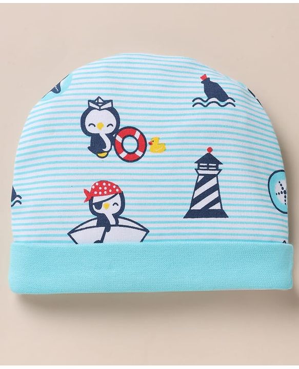 Babyhug 100% Cotton Interlock Knit Cap, Mitten & Booties with Peguin, Pirate & Light House Light Blue - Diameter 10.5 cm
