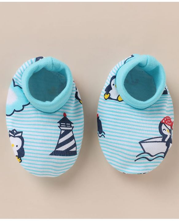Babyhug 100% Cotton Interlock Knit Cap, Mitten & Booties with Peguin, Pirate & Light House Light Blue - Diameter 10.5 cm