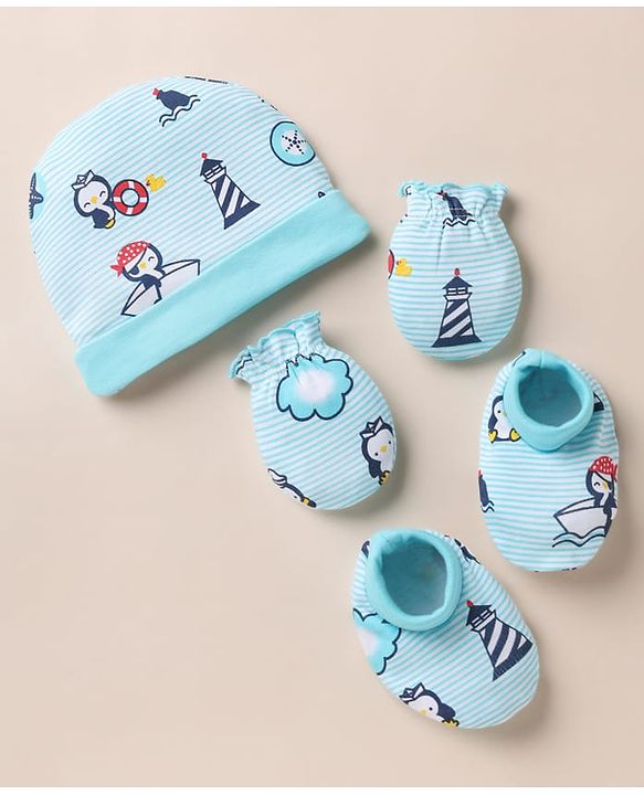 Babyhug 100% Cotton Interlock Knit Cap, Mitten & Booties with Peguin, Pirate & Light House Light Blue - Diameter 10.5 cm