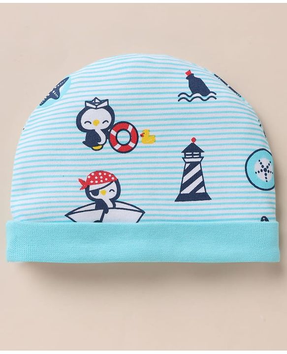 Babyhug 100% Cotton Interlock Knit Cap, Mitten & Booties with Peguin, Pirate & Light House Light Blue - Diameter 10.5 cm