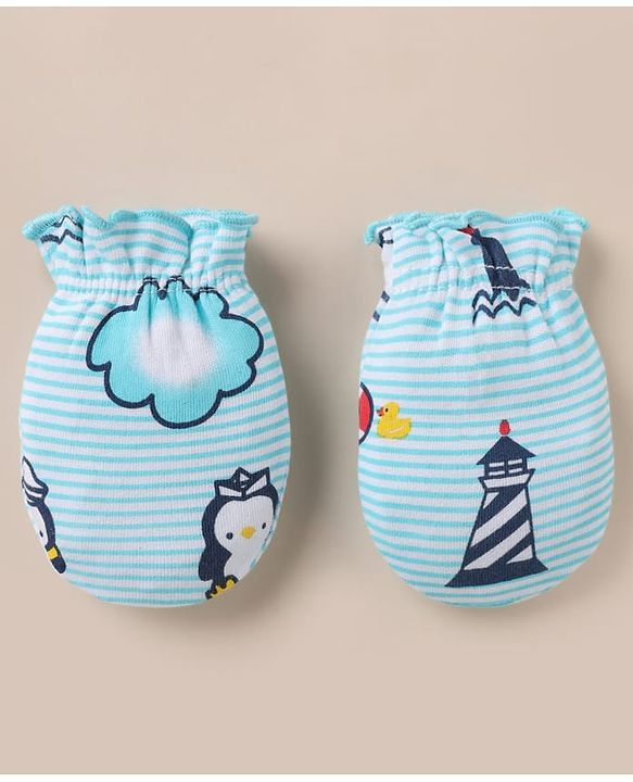 Babyhug 100% Cotton Interlock Knit Cap, Mitten & Booties with Peguin, Pirate & Light House Light Blue - Diameter 10.5 cm