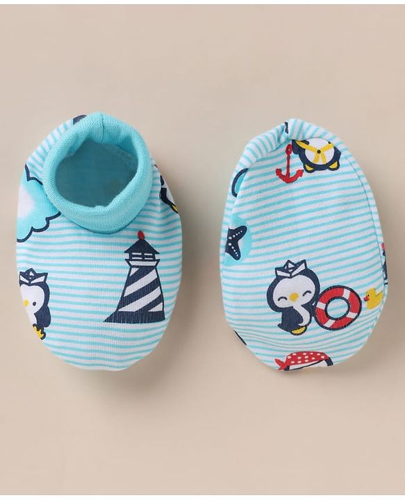 Babyhug 100% Cotton Interlock Knit Cap, Mitten & Booties with Peguin, Pirate & Light House Light Blue - Diameter 10.5 cm