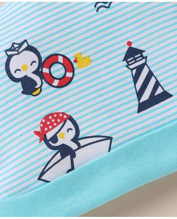 Babyhug 100% Cotton Interlock Knit Cap, Mitten & Booties with Peguin, Pirate & Light House Light Blue - Diameter 10.5 cm