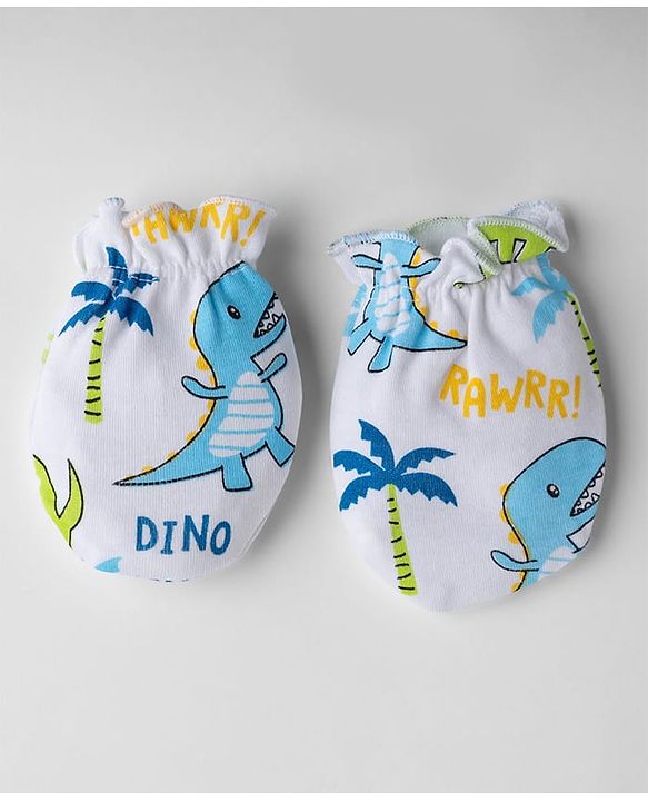 Babyhug 100% Cotton Interlock Knit Cap Mittens & Booties With Animal & Beach Theme Print Blue - Diameter 14 cm