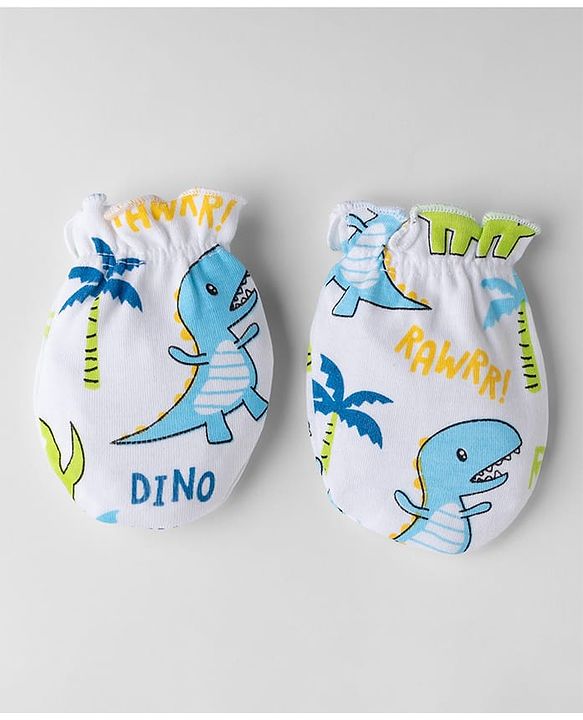 Babyhug 100% Cotton Interlock Knit Cap Mittens & Booties With Animal & Beach Theme Print Blue - Diameter 14 cm
