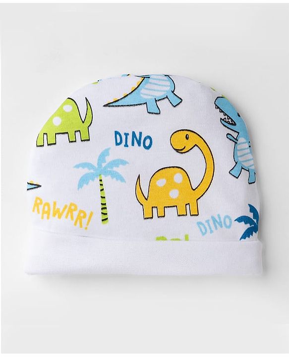 Babyhug 100% Cotton Interlock Knit Cap Mittens & Booties With Animal & Beach Theme Print Blue - Diameter 14 cm