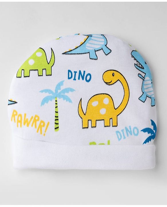 Babyhug 100% Cotton Interlock Knit Cap Mittens & Booties With Animal & Beach Theme Print Blue - Diameter 14 cm