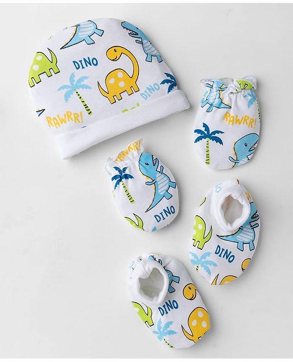 Babyhug 100% Cotton Interlock Knit Cap Mittens & Booties With Animal & Beach Theme Print Blue - Diameter 14 cm