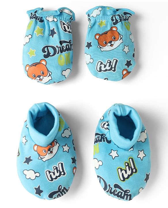 Babyhug 100% Cotton Interlock Knit Mittens & Booties with Tiger & Star Print - Blue
