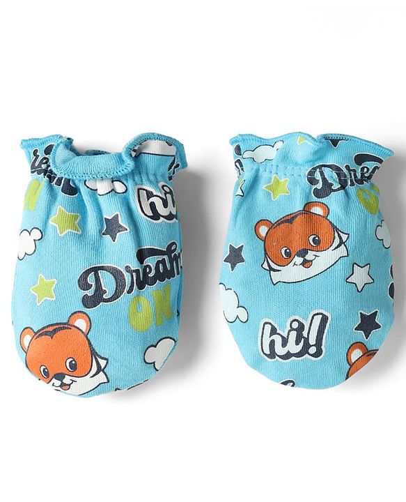 Babyhug 100% Cotton Interlock Knit Mittens & Booties with Tiger & Star Print - Blue