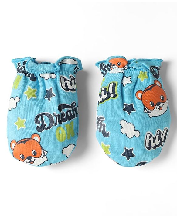 Babyhug 100% Cotton Interlock Knit Mittens & Booties with Tiger & Star Print - Blue
