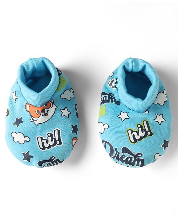 Babyhug 100% Cotton Interlock Knit Mittens & Booties with Tiger & Star Print - Blue