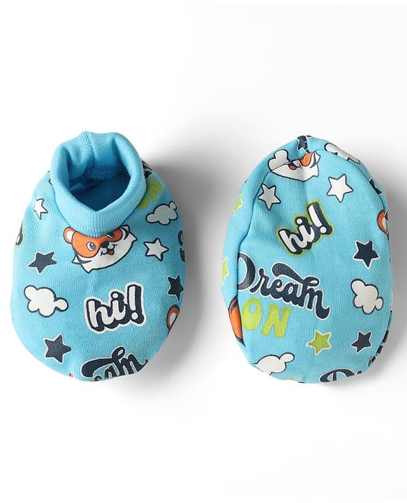 Babyhug 100% Cotton Interlock Knit Mittens & Booties with Tiger & Star Print - Blue