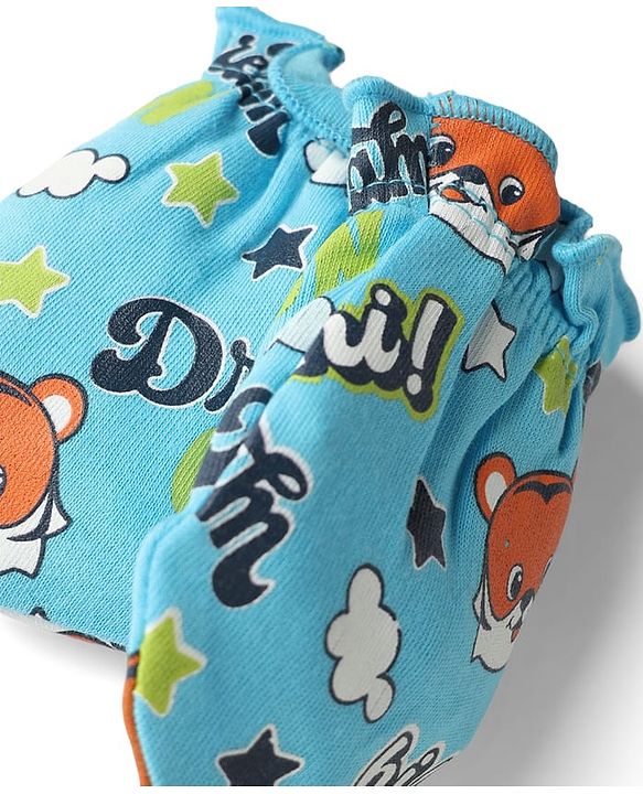 Babyhug 100% Cotton Interlock Knit Mittens & Booties with Tiger & Star Print - Blue