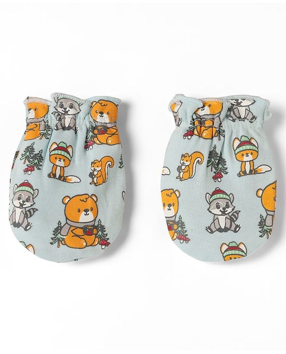 Babyhug 100% Cotton Interlock Knit Mittens & Booties with Bear Raccoon Squirrel Fox Print - Light Blue